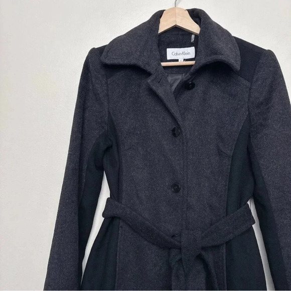 Calvin Klein  Womens 6 Wool Belted Colorblock Mid Length Coat In Grey Black - Picture 5 of 16